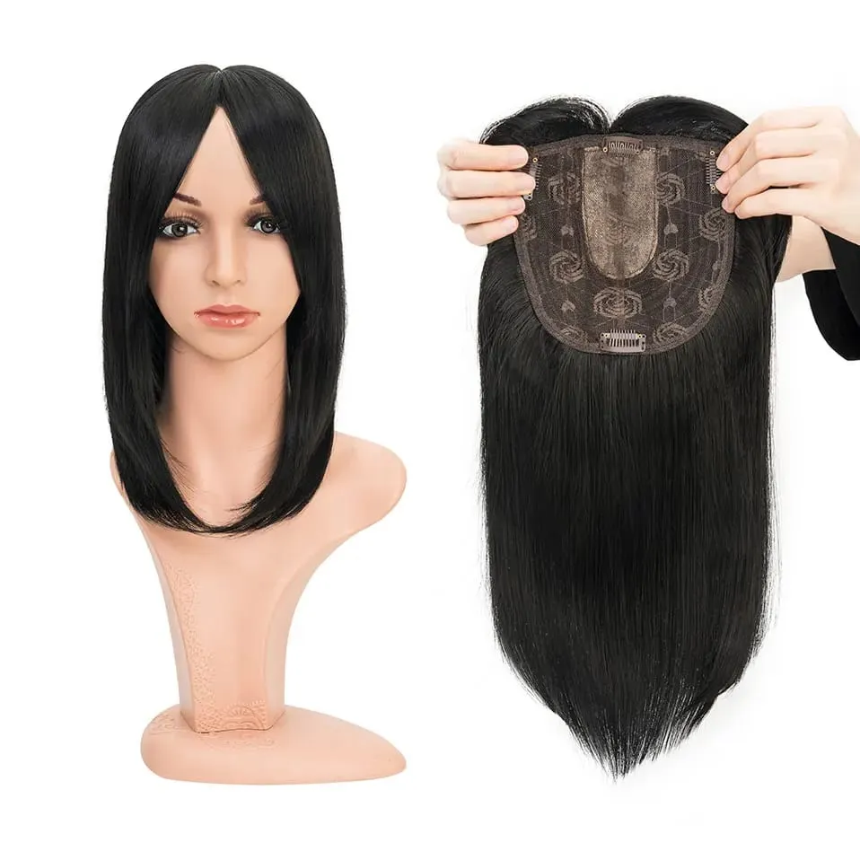 Snoilite Synthetic 14'' Striaght Hair Toppers with Bangs for Women Natural Hairpieces Adding Hair Volume Topper Hair Extensions