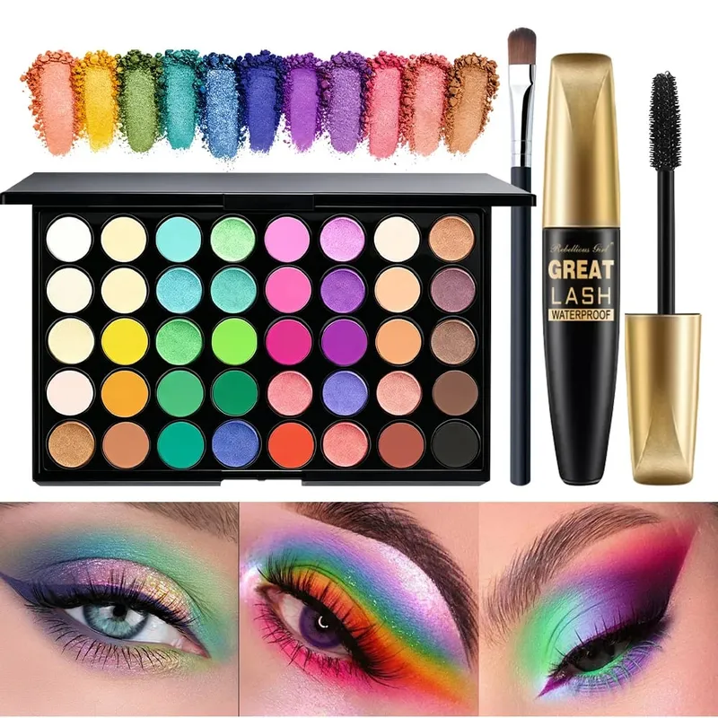 3pcs Makeup Sets for 40 Colors Rainbow Eyeshadow Palette+Black Mascara with 1pc Brush 3 In 1 Makeup Kit For Daily Party Daily — image 2