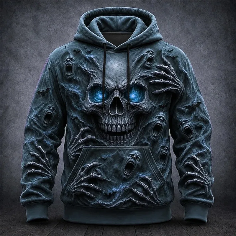 Men's Autumn Winter Halloween Hoodie Casual Pullover with Spooky Skull Print Loose Fit Festive Street-Style Top for Parties — image 9