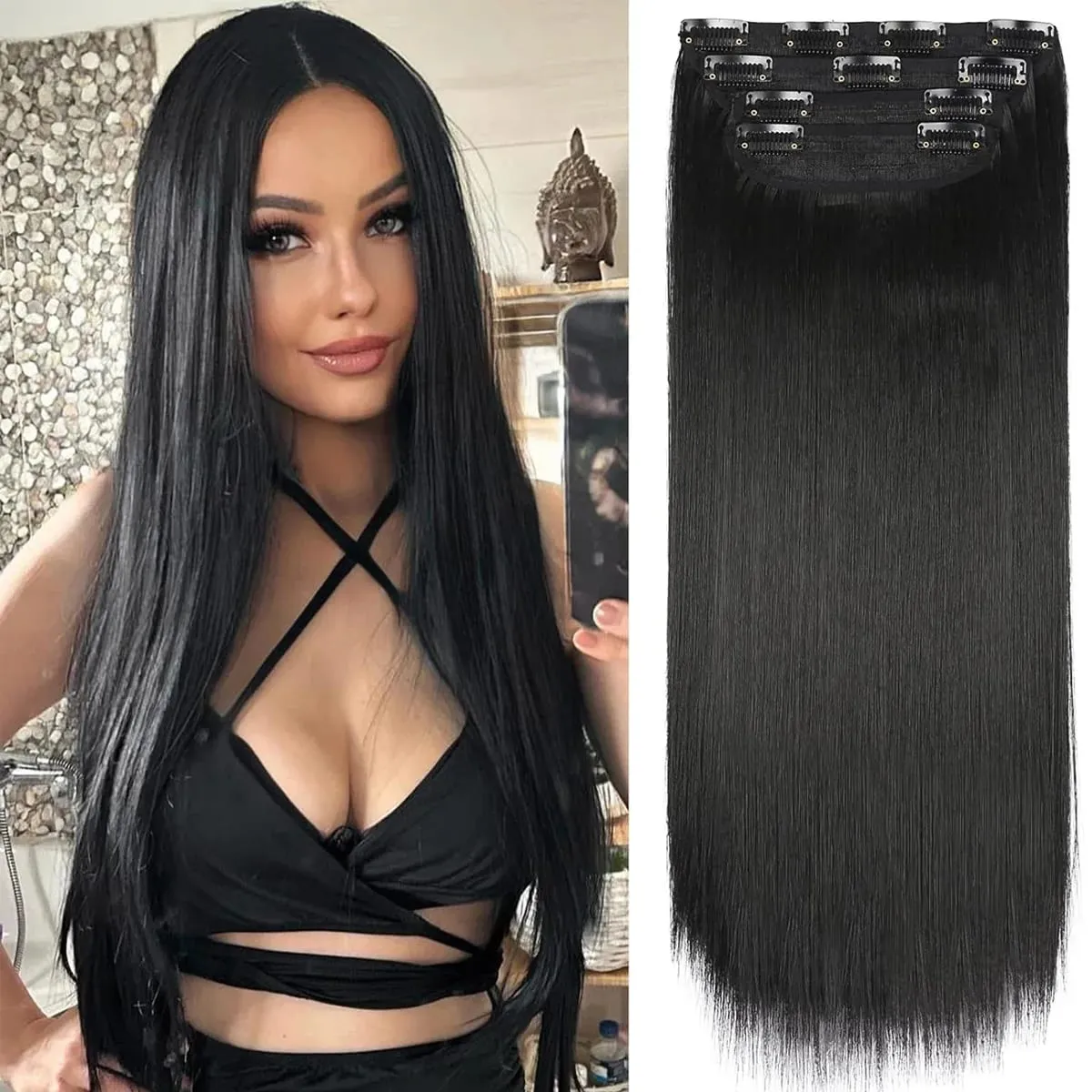 Clip in Synthetic Hair Extensions Long Wavy 4PCS Thick Hairpieces Dark Brown Fiber Double Weft Natural Hair Extensions For Women