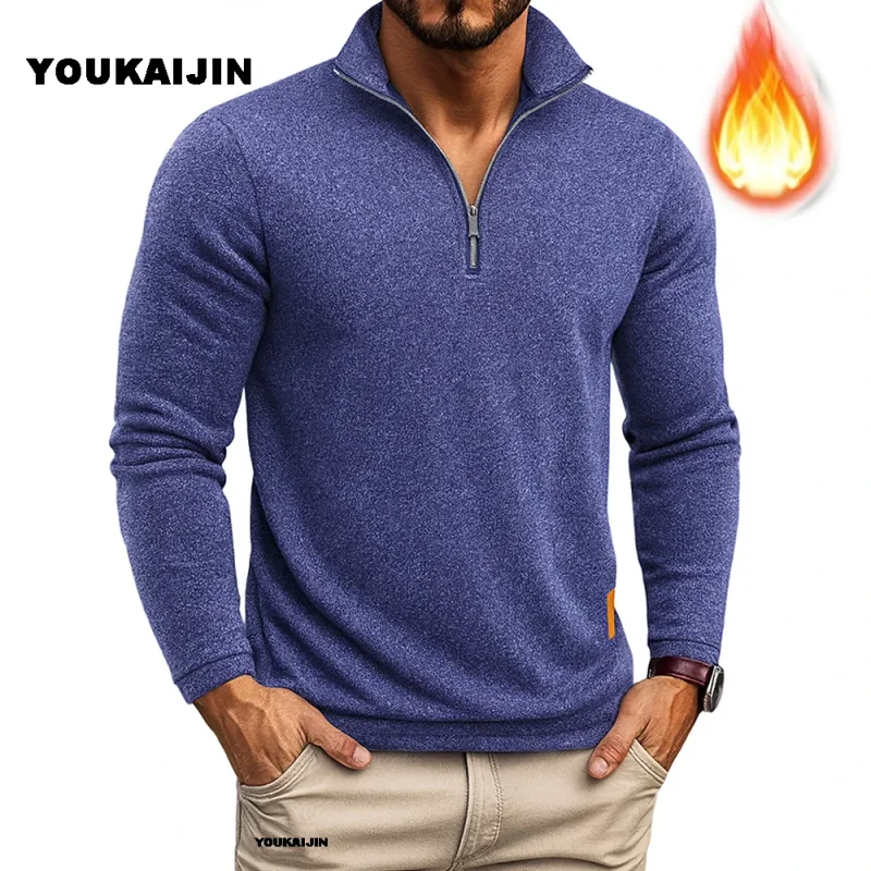 Moletom masculino primavera mais grosso pulôver quarto zíper pulôver para masculino com capuz ao ar livre sweatshir outono cor sólida gola alta — image 3