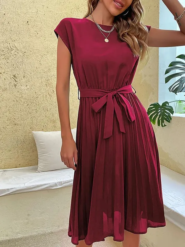 Elegant Women Summer Casual Beach Sundress Short Sleeve Pleated Midi Dress Soild Colour O Neck Tunic Dresses Fashion — image 8