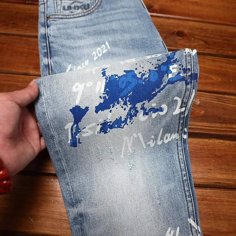 Fashionable printed jeans for men retro blue elastic slim fit small feet street fashion high-end denim casual pants — image 4