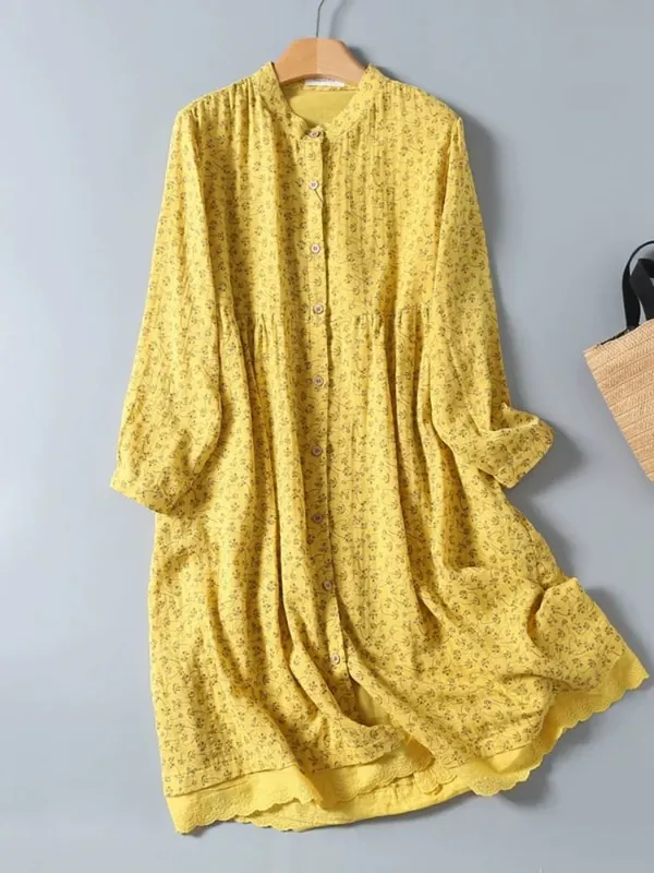 8 Colors -- Lamtrip-Retro Floral Cotton Yarn Long Sleeve Single Breasted Robe Casual Soft House Dress 2025 Spring — image 7