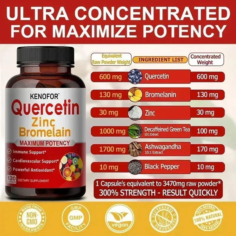 Zinc Quercetin + Bromelain 120 Vegetarian Capsules - Zinc Supplement for Antioxidant Immune Cardiovascular Zinc for Men & Women