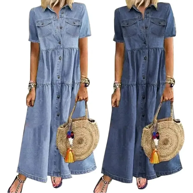 Retro Women Dresses 2022 Short Sleeve Turn Down Collar Pockets Button Long Loose Denim Dress Summer Long Dress — image 2