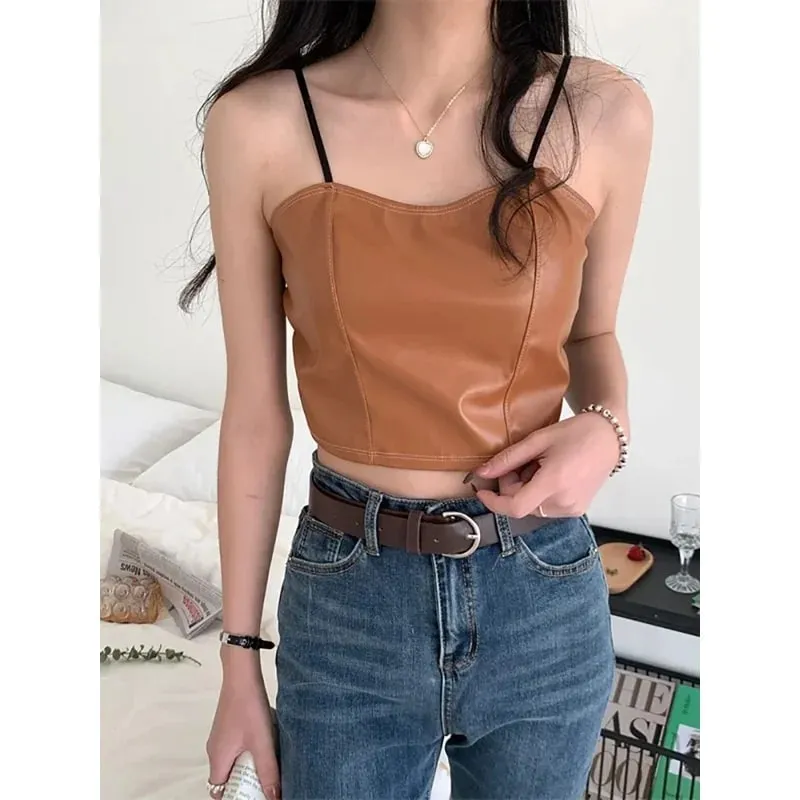 Women PU leather camis underwear padded bra sexy tops Y2K crop tops elastic lace at back tank tops for women streetwear — image 5