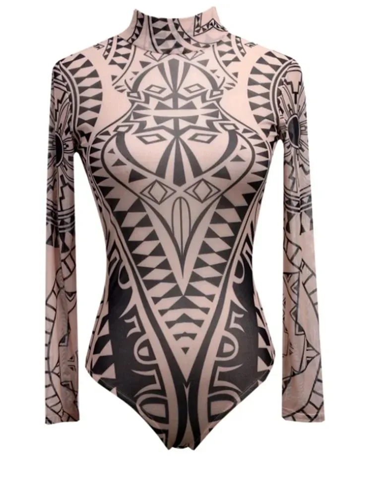 Women Mesh Bodysuits Vintage Ethnic Printed Long Sleeve Leotard Body Top See Through Sexy Club Overalls Shirts — image 2