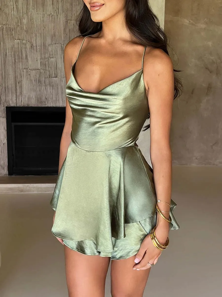 Satin soie femmes Sexy Cami combishorts robe solide col bénitier sans manches combinaisons courtes été croix cravate dos nu barboteuse — image 4