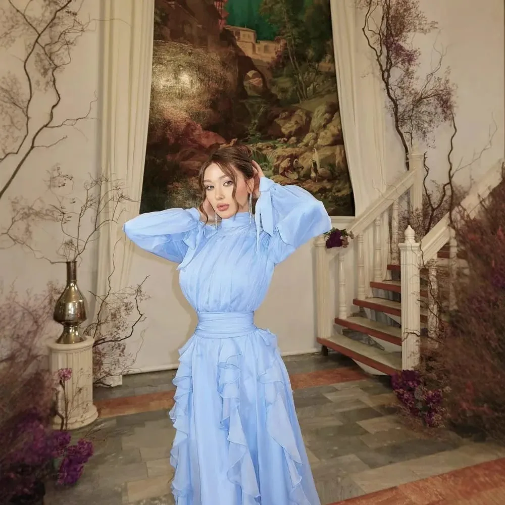 Spring Summer New Fashion Women's Light Blue Solid Color Casual Trendy Long Lantern Sleeve Floor Length Ceremonial Dress Female — image 5