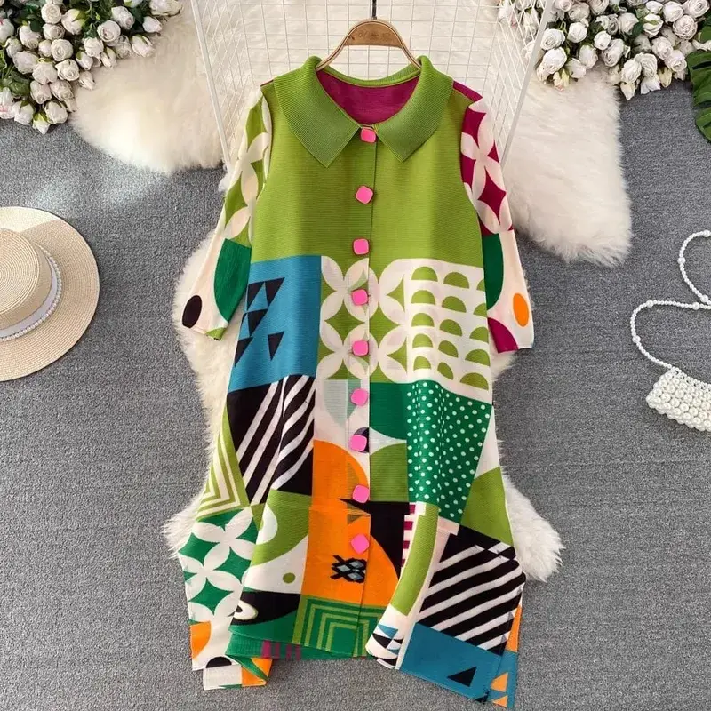 Miyake Pleated Drape Dress Women 2024 Jaro Léto Colorblock Potisk Klopa 3/4 rukáv Jednořadé módní košilové šaty