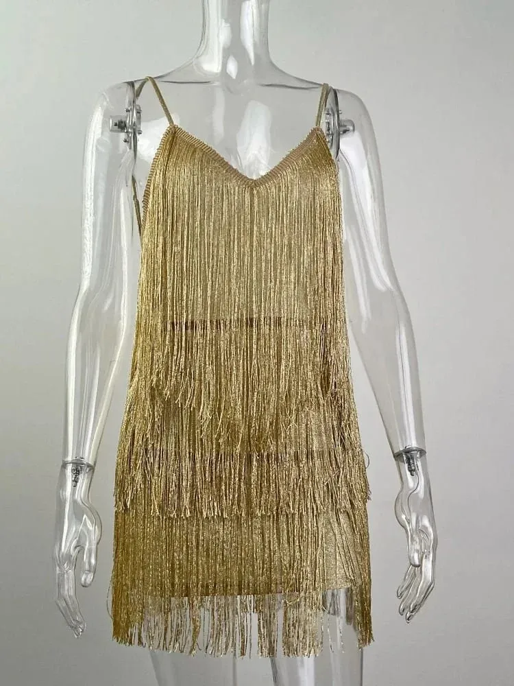 Leosoxs Ženy Sexy Špagetová ramínka s hlubokým výstřihem do V Třásně Bodycon Mini šaty Střapce Bez zad Gatsby Cocktail Club Party šaty