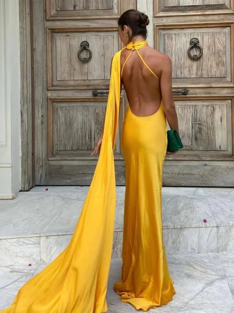 Ribbon Hanging Neck Long Dresses Women Printed Sleeveless Backless Slim High Waist Halter Party Dress 2025 New Hip Package Robe
