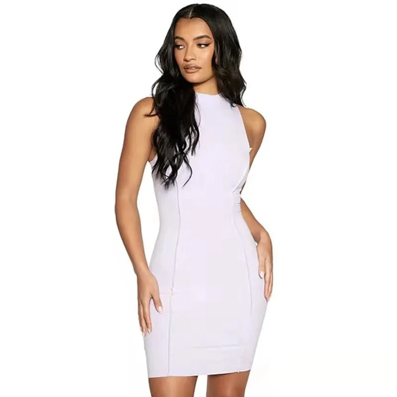 Women Summer Sexy Slim Wrap Hip Dress Solid Patchwork O-neck Sleeveless Mini Dresses INS Fashion High Street Sheath Vestidos — image 5