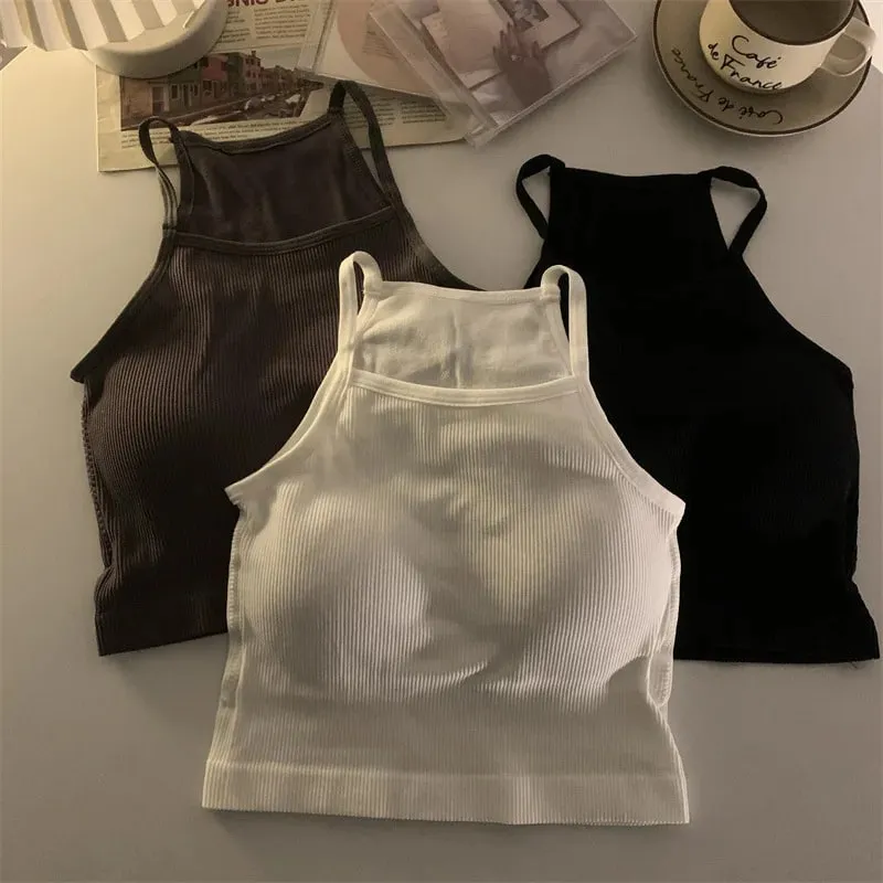 Korean Version Women Tank Tops Thread Solid Casual Fashion Crop Top with Chest Pad Stripe Sleeveless Outer Wear Basic Camisole — image 2