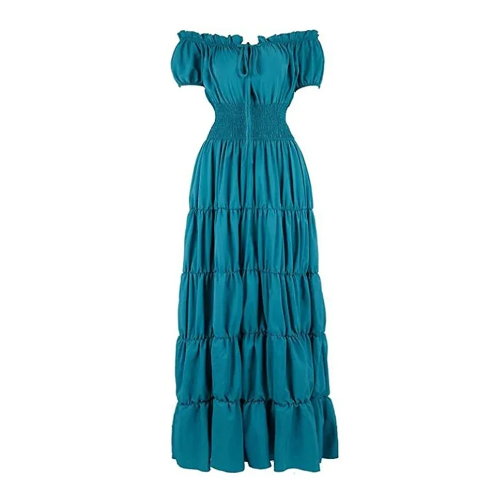 Elegant Medieval Renaissance Dress Boho Short Sleeves Off Shoulder Smocked Waist Retro Pleated Long Dress Costume Gown — image 5