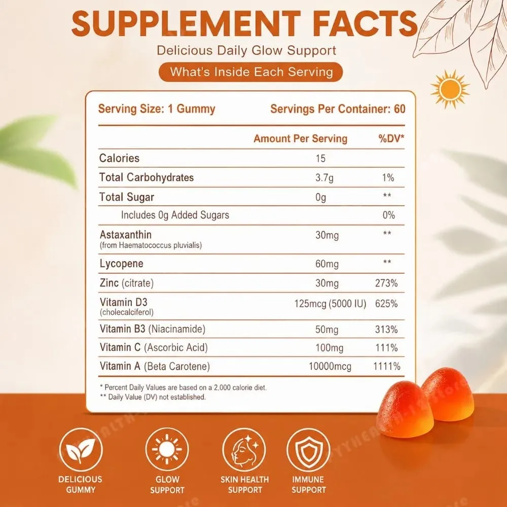 Gummies abbronzanti per donne Supporto abbronzante senza sole Supporto vegano senza zucchero Non OGM Astaxantina e licopene 60 conteggi — image 6