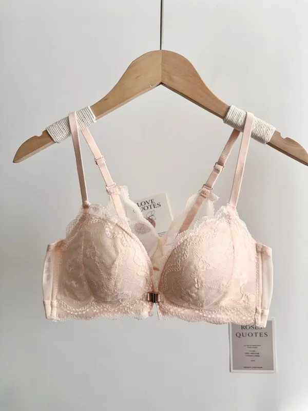 Set Bra Renda Payudara Kecil Wanita Penutupan Depan Wayarles Cantik Belakang Tekan Ke Atas Bra Pakaian Dalam Harian Lembut Saiz 32‑38AB — image 8