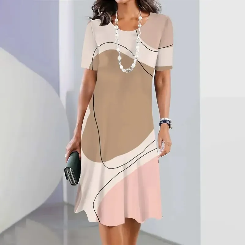 New Geometric Curve Graphic Print Women's Dresses Elegant Loose Short Sleeve O-Neck Summer Dresses Female Fashion Sundress — image 2