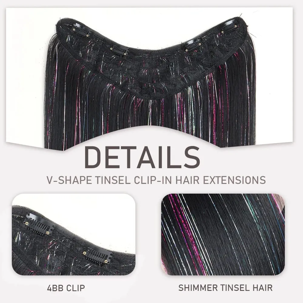 24Inch Synthetic Long Straight Clip‑in Hair Extensions Sparkling Tinsel Hair High‑Temp Fiber Hairpiece for Women Party Cosplay