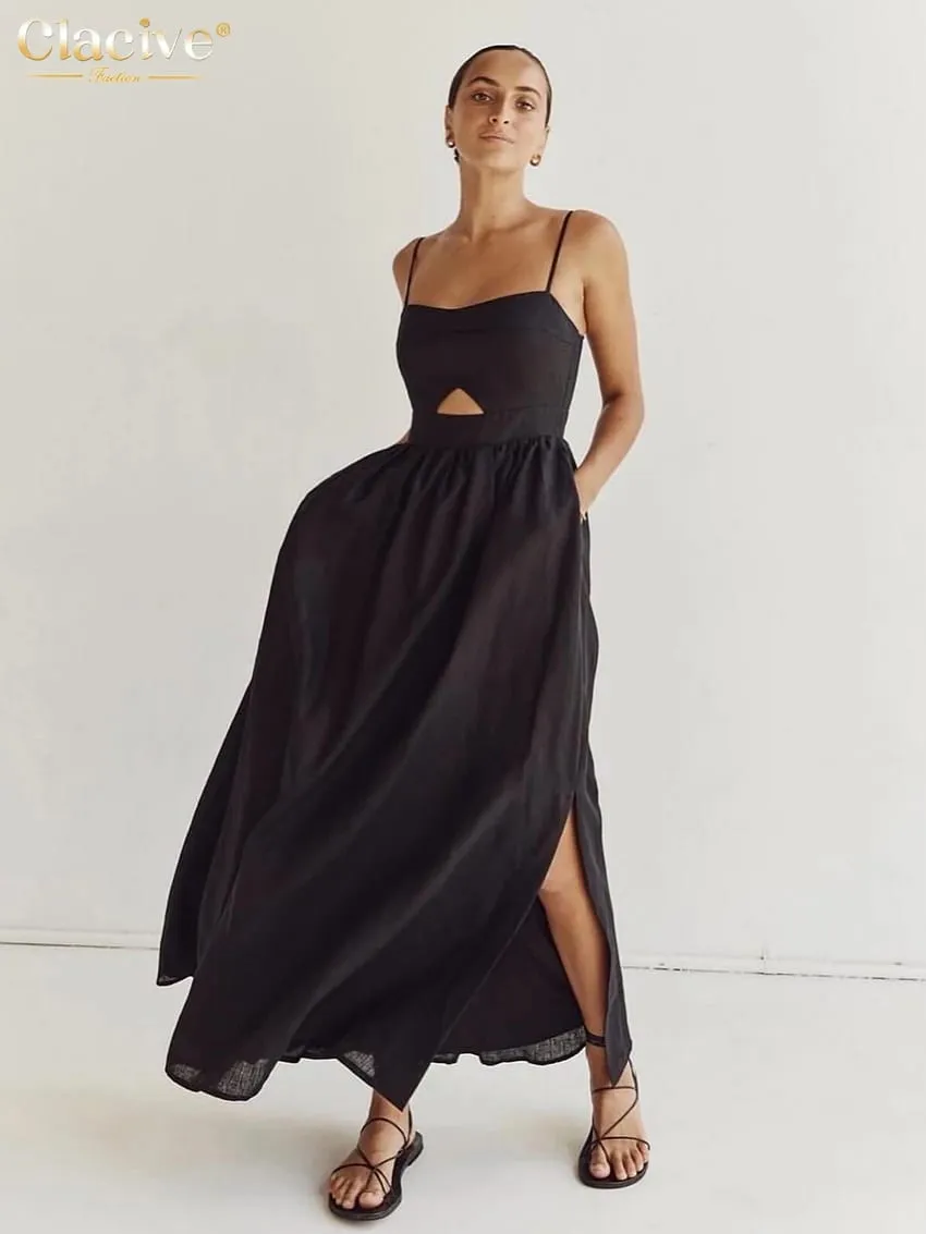 Clacive Sexy Loose Black Cotton Womens Dresses 2024 Summer Strap Sleeveless Ankle Length Dress Elegant Hollow Out Female Dress — image 4