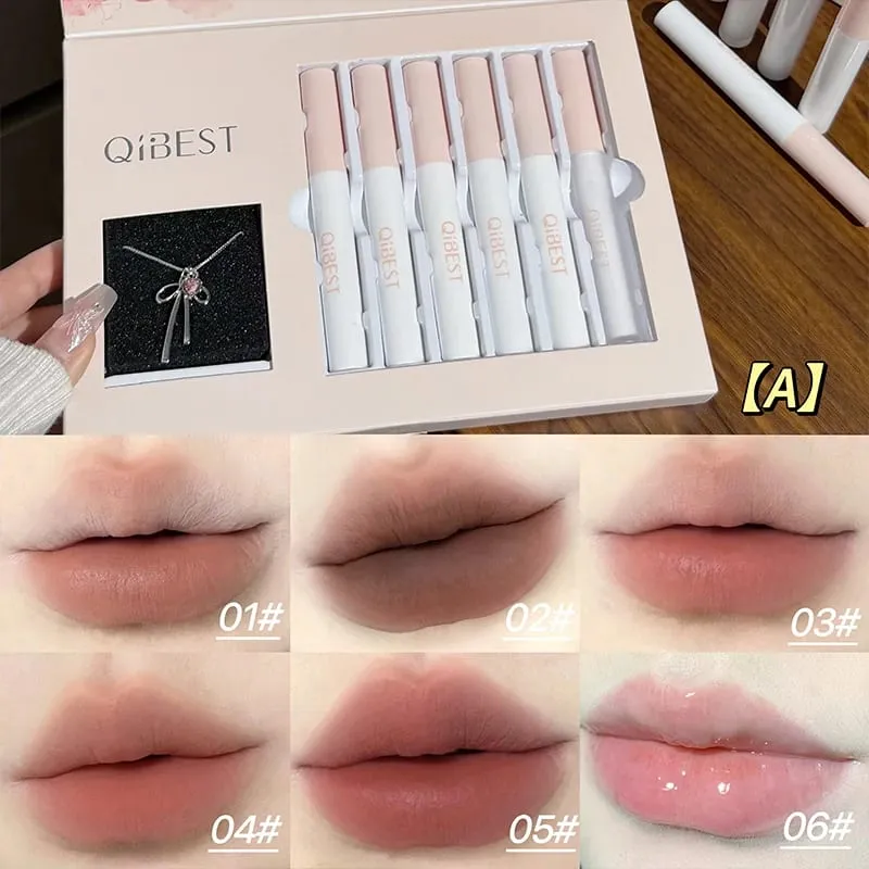 6Pcs/Box Matte Lipstick Sets And Mirror Watery Lip Glaze Lasting Lip Makeup Sets Moisturizing Lipgloss Necklace Gift