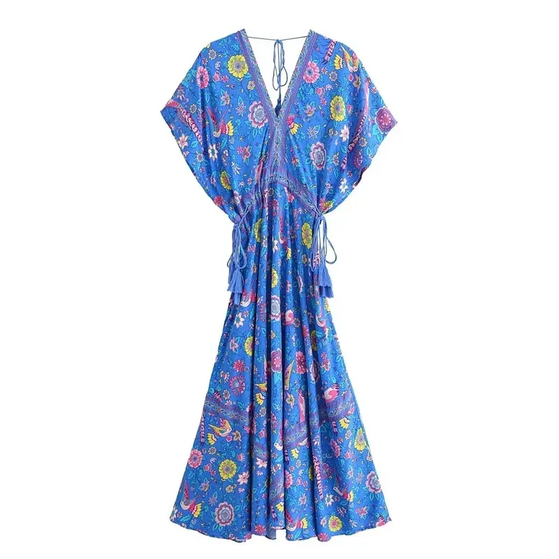 Boho Queens Women Peacock Květinový potisk Netopýří rukáv Plážové Bohémské Maxi šaty Dámské Letní šaty s výstřihem do V Letní šaty Vestidos — image 8