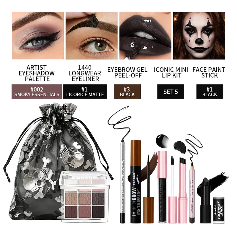 Halloween Witch Costume Makeup Set With Drawstring Bag Eyeshadow Lipstick Eyeliner Brow Face Paint for Halloween Cosplay Party