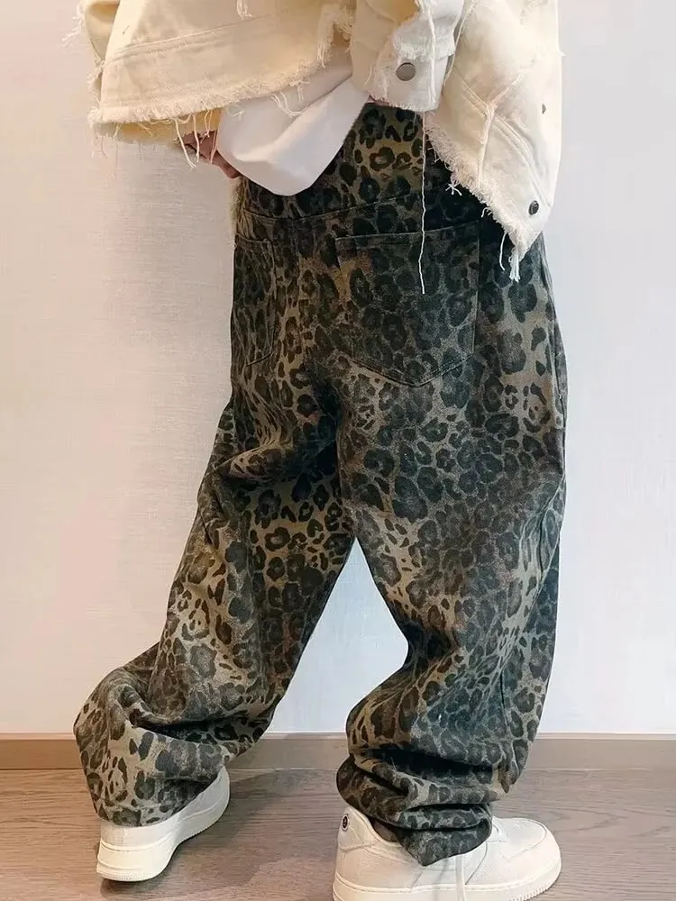 Autumn Tan Leopard Jeans Men Denim Pants Male Oversize Wide Leg Trousers Streetwear Hip Hop Vintage Loose Casual Animal Print — image 3