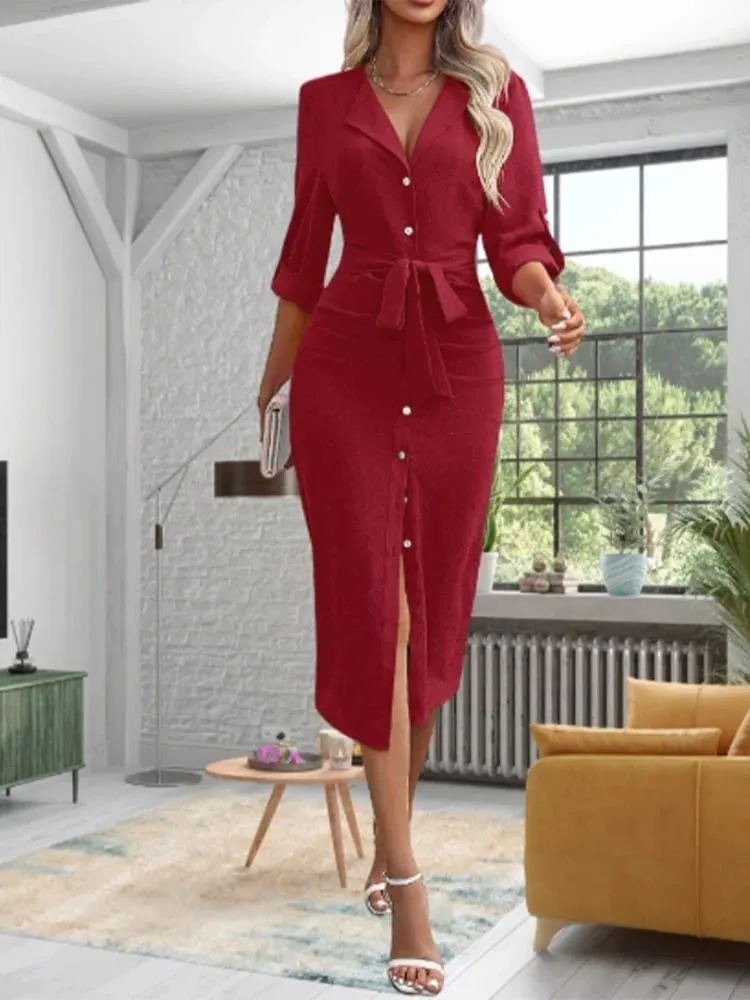Office Lady V-neck Solid Color Shirts Style Dress Women's Long Sleeved Button Lace Up Dress Elegant Autumn Spring Dresses — image 3