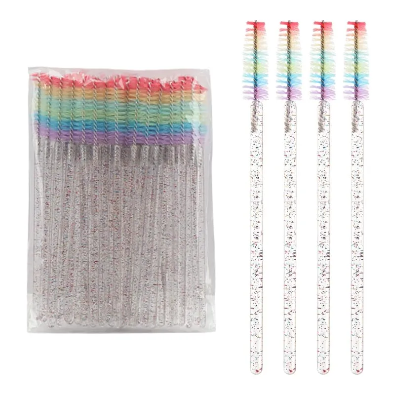 50pcs Disposable Crystal Eyelash Brush Lash Extension Makeup Brushes Mascara Wand Applicator Eyebrow Comb Rainbow Microbrush