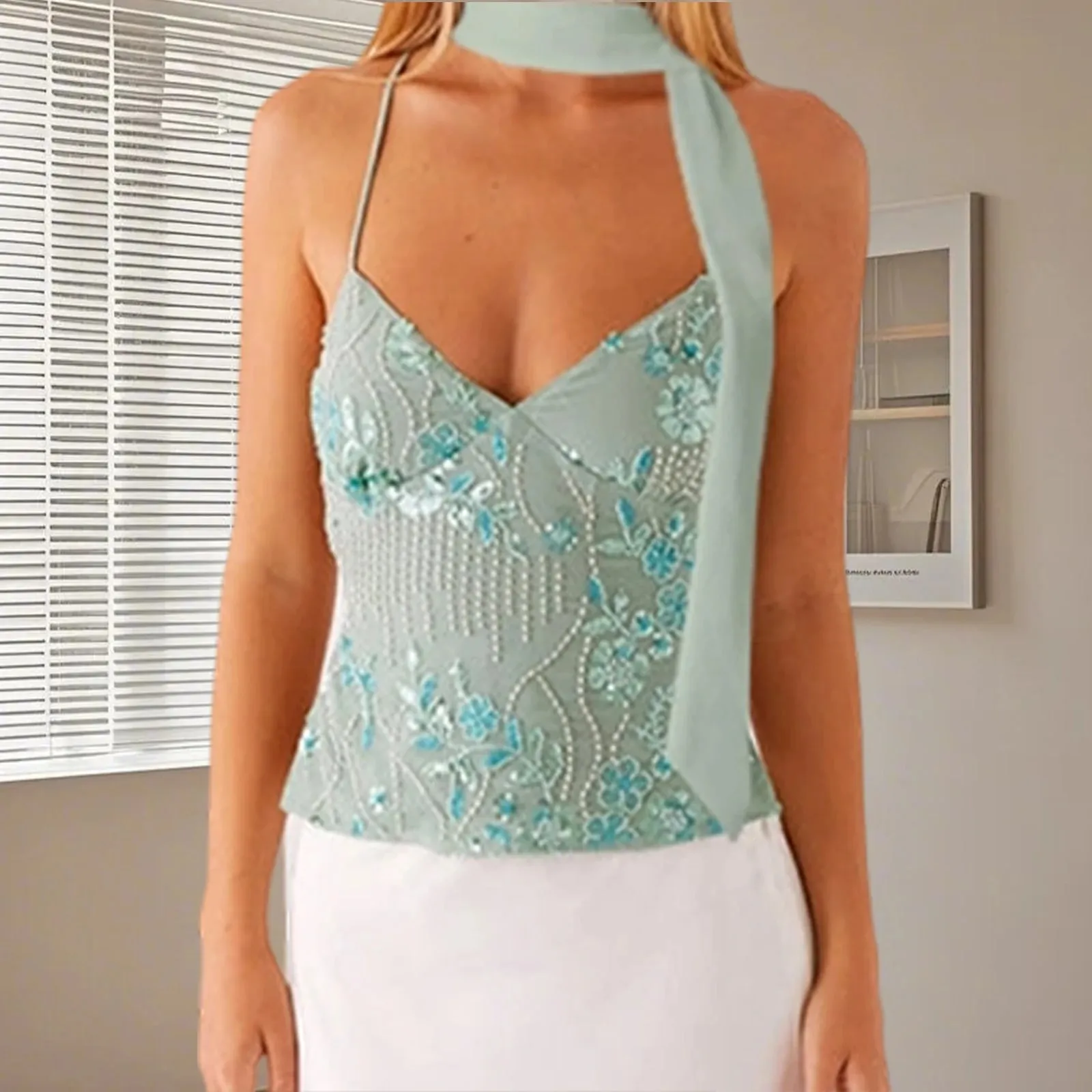 Women Summer Sexy y2k Sequins Sparkle Crop Tops Sleeveless Backless Beaded Pearl Embellished Slim Cami Tanks Tops with Scarf — image 9