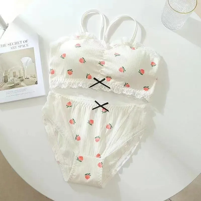 새로운 란제리 학생 귀여운 소녀 속옷 과일 인쇄 다시 패드 브라 세트 스틸 링 브라 팬티