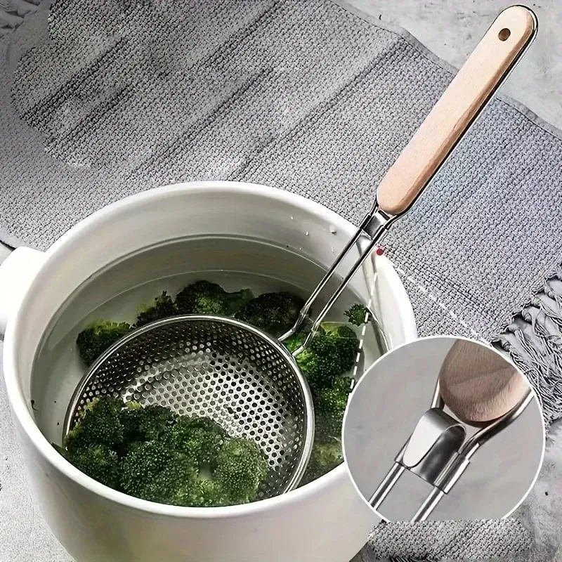 Stainless Steel Colander with Wooden Handle - Fine Mesh Skimmer Spoon for Cooking Food Prep Grease Filtering for Pasta Noodles