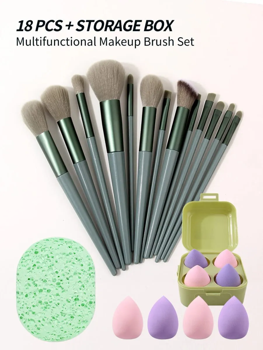 19Pcs Multifunctional Makeup Brush Set With Storage Box Soft Brushes With Makeup Puffs & Cleansing Sponge Complete Face Makeup