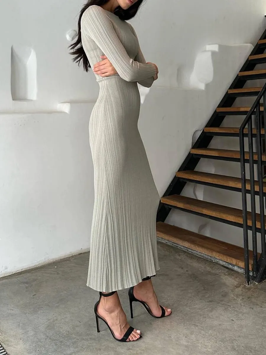 Women Spring Autumn Solid Color Bodycon Knit Dress Long Sleeve Crew Neck Ribbed Dress Slim Fit Long Dress — image 3