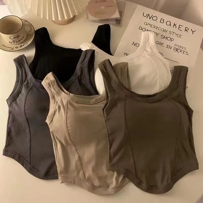 Women Solid Tank Tops With Bra Pad Sports Crop Tops Knit Irregular Hem Camis Tops For Women — image 1