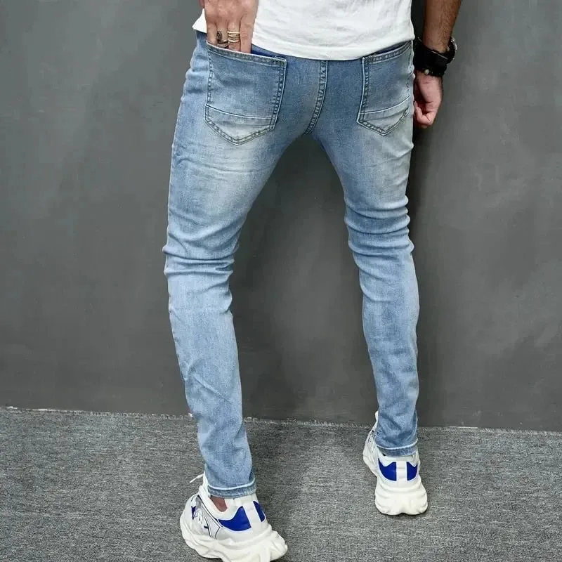 2024 New Style Men's Personalized Ripped Solid Color Skinny Jeans Stretch Little Foot Streetwear Motorcycle Denim Trousers Male