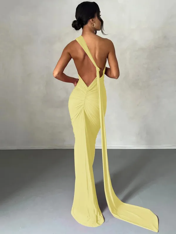 Hugcitar One Shoulder Backless Adjustable Scarf Loop Ruched Sexy Maxi Dress Women Elegant Y2K Streetwear Festival Outfit — image 11