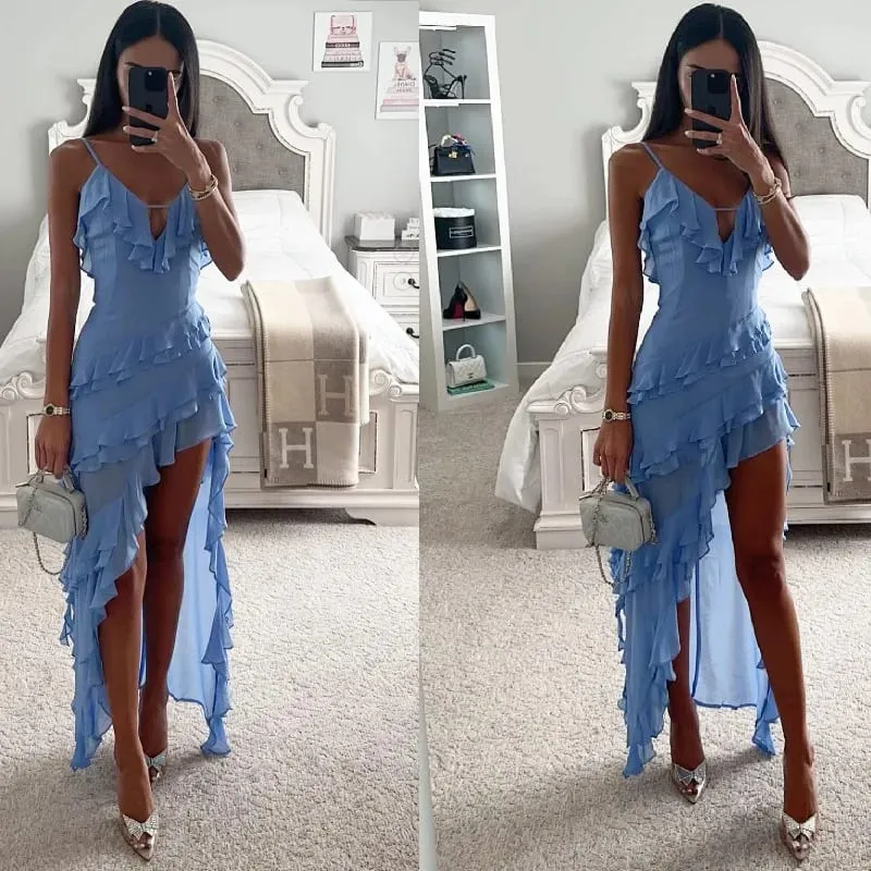 Woman Irregular Tassel Summer Trend Skinny Split Maxi Bodycon Birthday Party Clubwear Vestidos Blue Elegant Women Strap Dresses — image 1