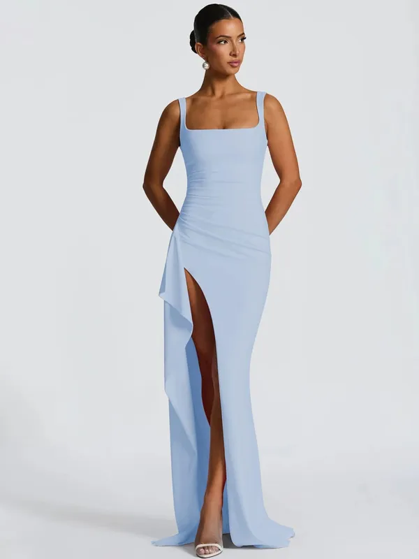 Hugcitar Women Elegant Solid Straps Slit Ruched Patchwork Sexy Bodycon Maxi Dress Summer Outfits Evening Party Birthday Festival