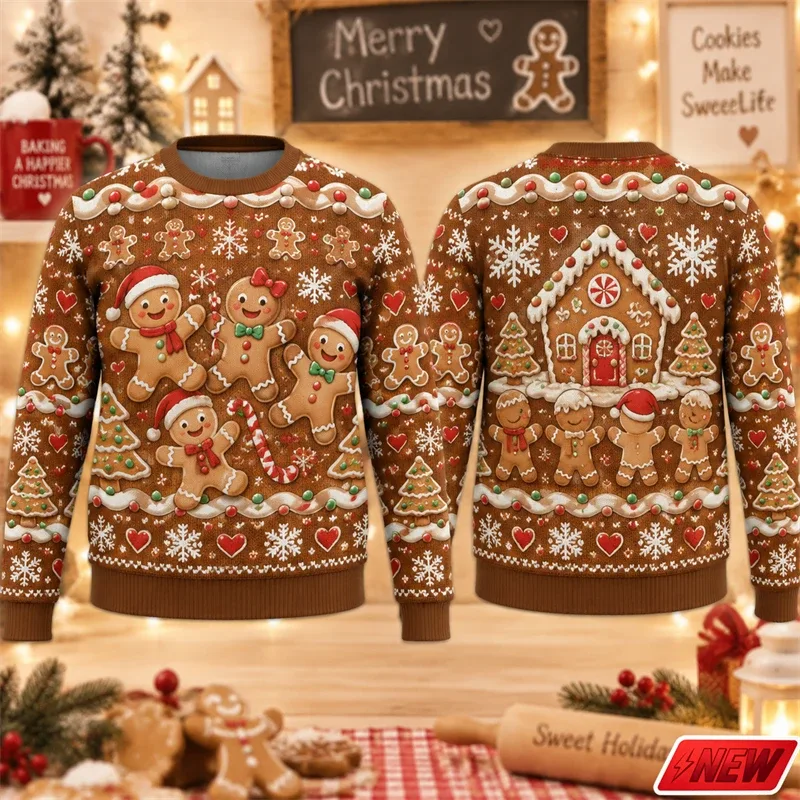 Christmas Ugly Sweater Men Holiday Gift Trendy 3D Print Funny Skateboarding Gingerbread Man House Pattern Pullover Unisex Hoodie — image 2