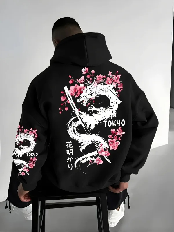 Pullover bertudung bercorak naga gaya anime lelaki bercorak bunga sakura untuk gaya longgar dan kasual kehangatan musim sejuk — image 1