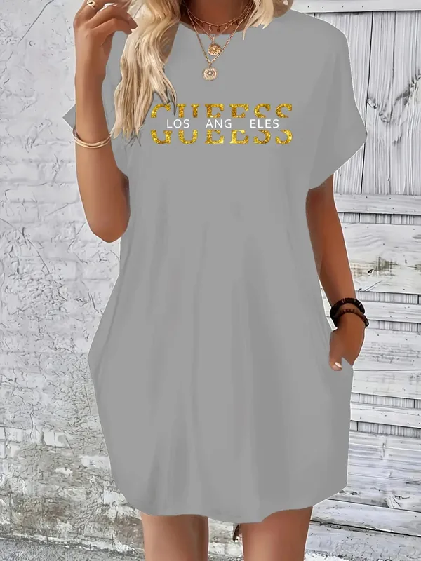 Ladies' summer loose GUEESS Los Angeles letter pattern print round neck short sleeved pocket comfortable casual plus size dress