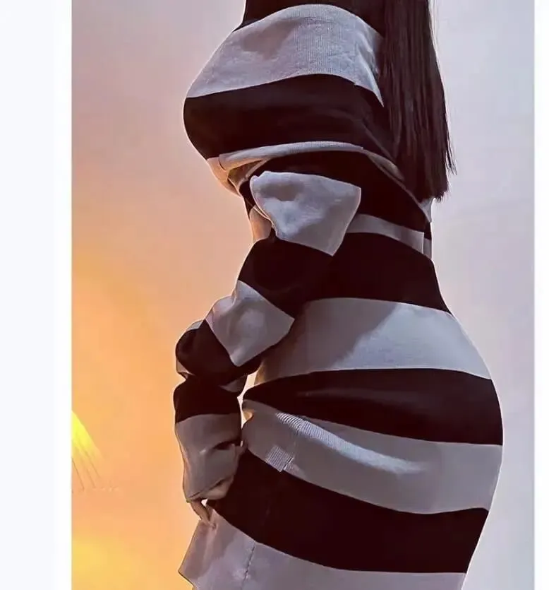 Women Striped Mini Bodycon Dress Stripe Boat-Neck Off Shoulder Long Sleeve Short Dress Spring Autumn Wrapped Hip Party Dress — image 6