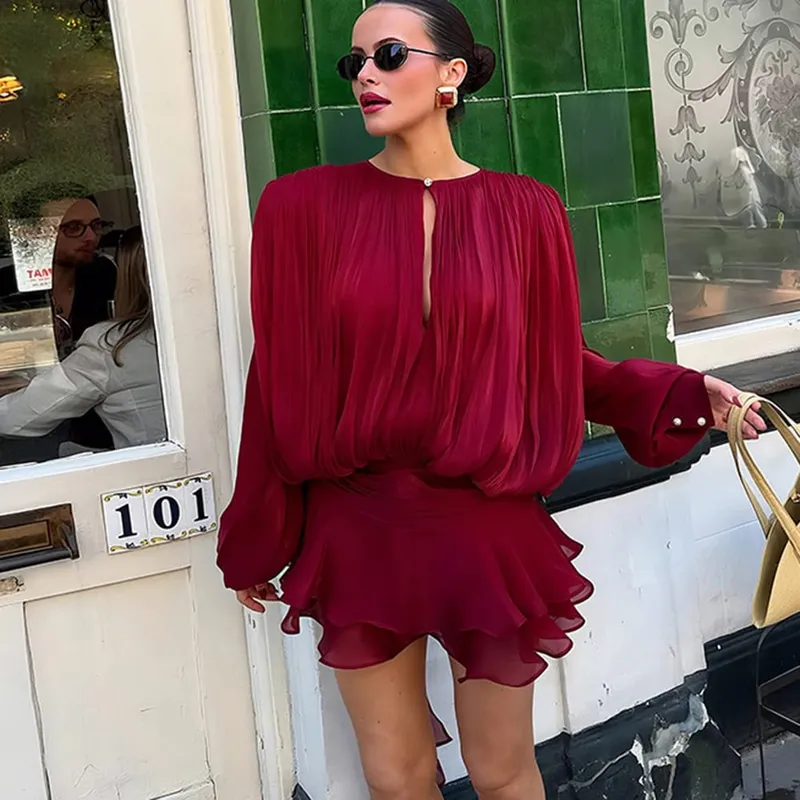 Vstupenkyx Letní lesklé Úzké plisované minišaty na jedno rameno Elegantní jednobarevné nařasené dlouhé rukávy Vestidos Dámské společenské večerní šaty — image 10