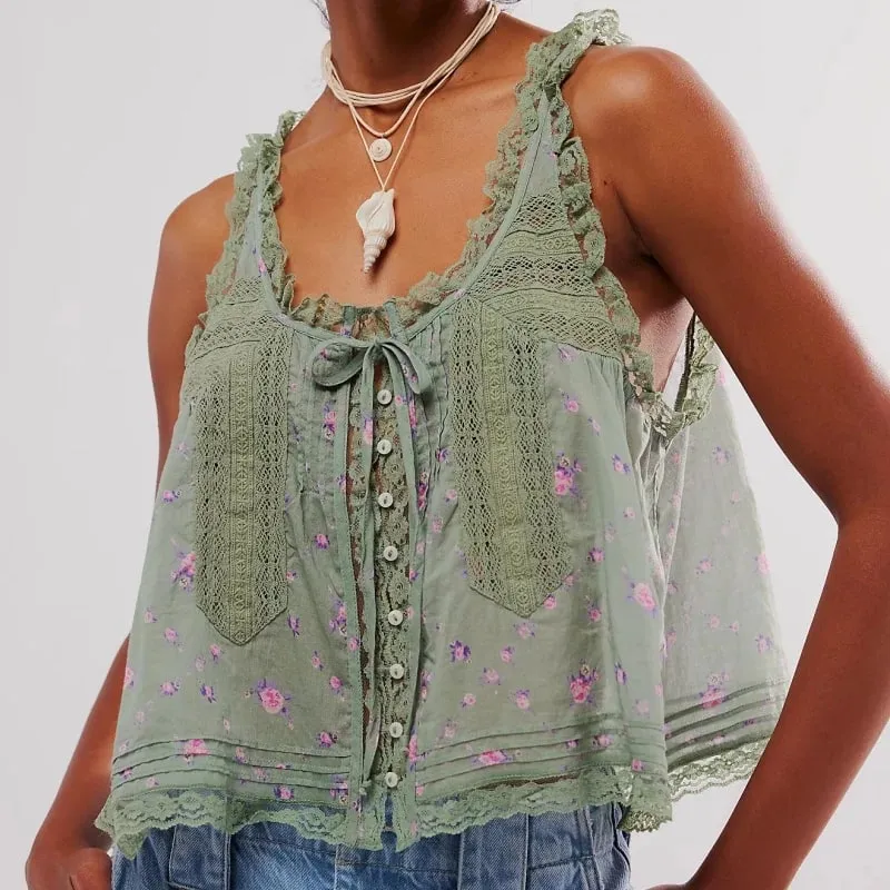 Y2K Button-up Lace Trim Patchwork Cami Tops Loose Fit Round Neck Vest Sleeveless Outwear Gilet Crop Tank Tops for Women — image 5