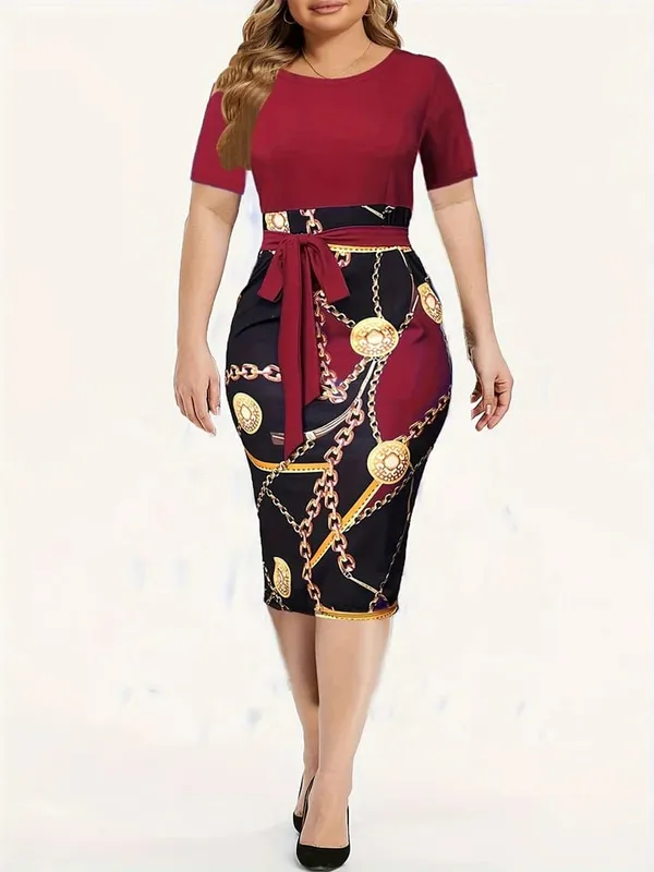 Commuter wrap-around dress Women's Colorblock Chain Print Short Sleeve Round Neck Slight Stretch Slim Fit Mini Dress With Belt — image 2