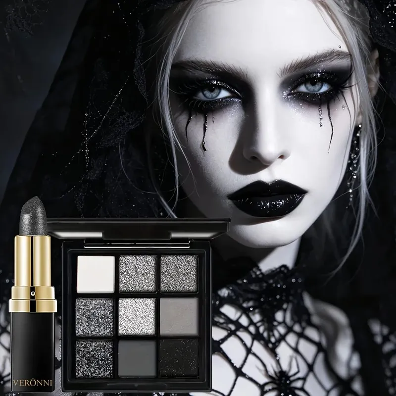 5pcs Halloween Dark Special Effects Makeup Set White Foundation Black Eyeshadow Black Lipstick Mascara & Makeup Brush for Party — image 3
