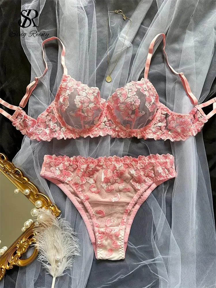 Lưới Sheer Quần Lót Hai Mảnh Phù Hợp Với Hoa Pháp Seusual Bộ Đồ Lót Nữ Thêu Áo Ngực Gợi Cảm & Quần Đùi Bộ — image 2
